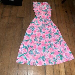 Lilly Pulitzer Maxi Dress Pink Floral Sleeveless Sz 4 Small Removable Tie
